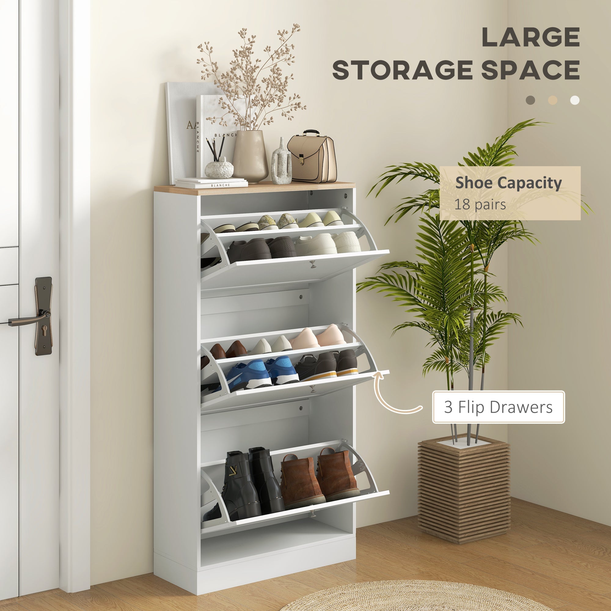 HOMCOM Modern Shoe Storage Cabinet 3 Flip Drawers Adjustable Shelves Organizer for 18 Pairs White 
