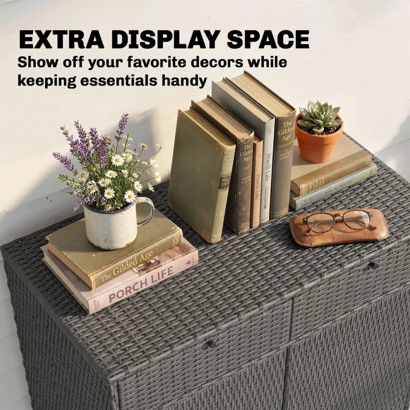 Wicker Outdoor Storage Cabinet with 2 Doors and Drawers, 2-Tier Shelf Rattan Patio Storage Cabinet, Dark Grey