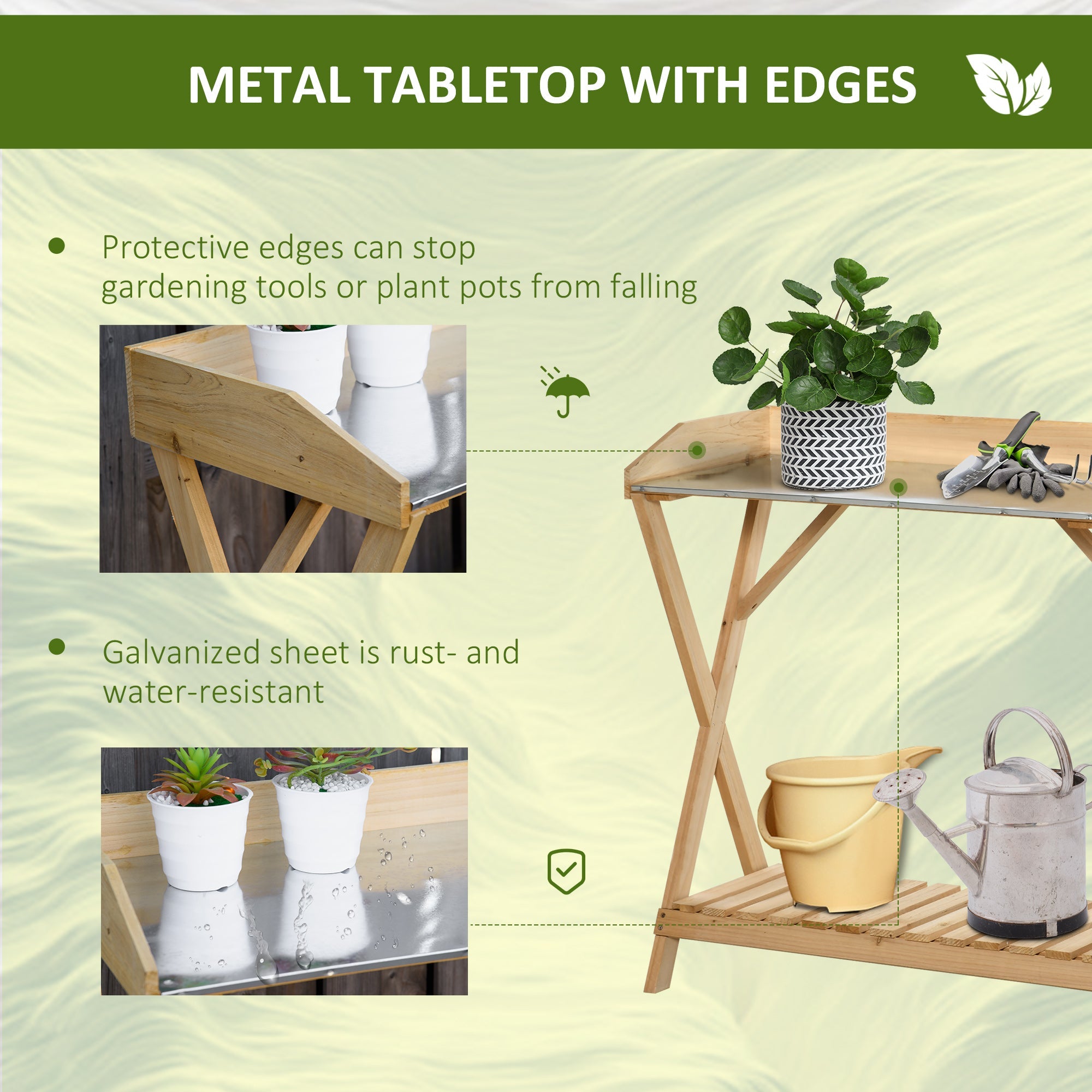 Outsunny Garden Potting Bench Wooden Work Station Outdoor Planting Workbench with Galvanized Metal Tabletop Storage Shelf 