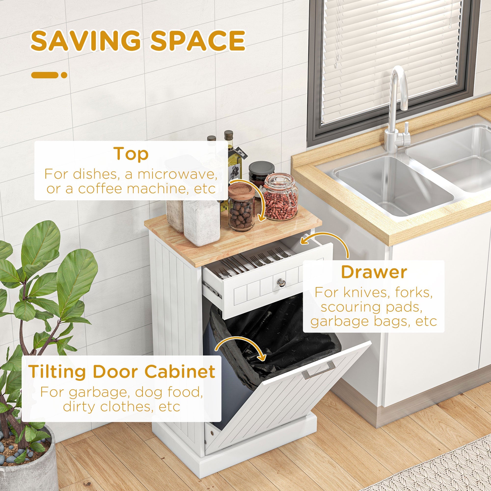 HOMCOM Kitchen Tilt Out Trash Bin Cabinet Free Standing Recycling Cabinet Trash Can Holder Drawer White 
