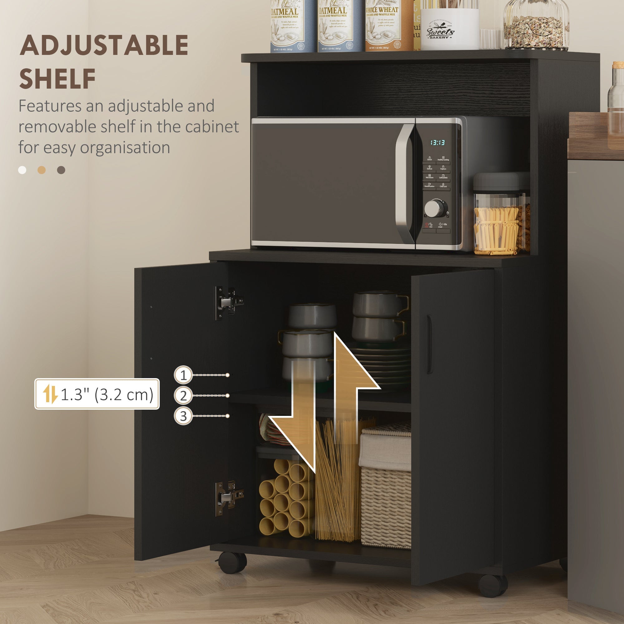 HOMCOM Microwave Cart on Wheels Utility Trolley Storage Sideboard Bookcase with 2-door Cabinet, Black Wood Grain 