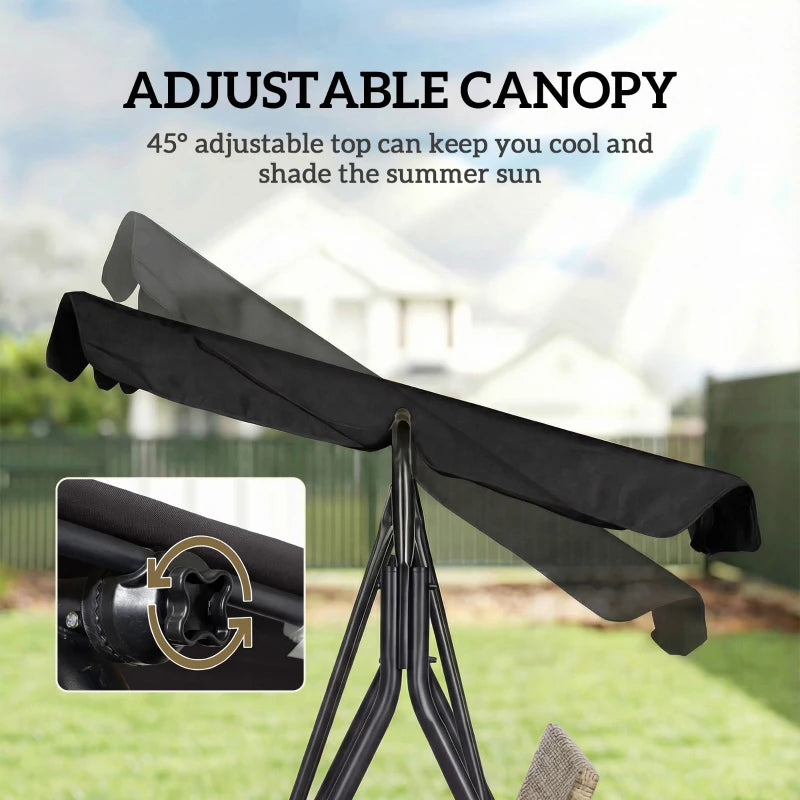 Outdoor 3-Seat Porch Swing with Canopy, Rattan Seat, Removable Cushion, Pillows and Steel Frame