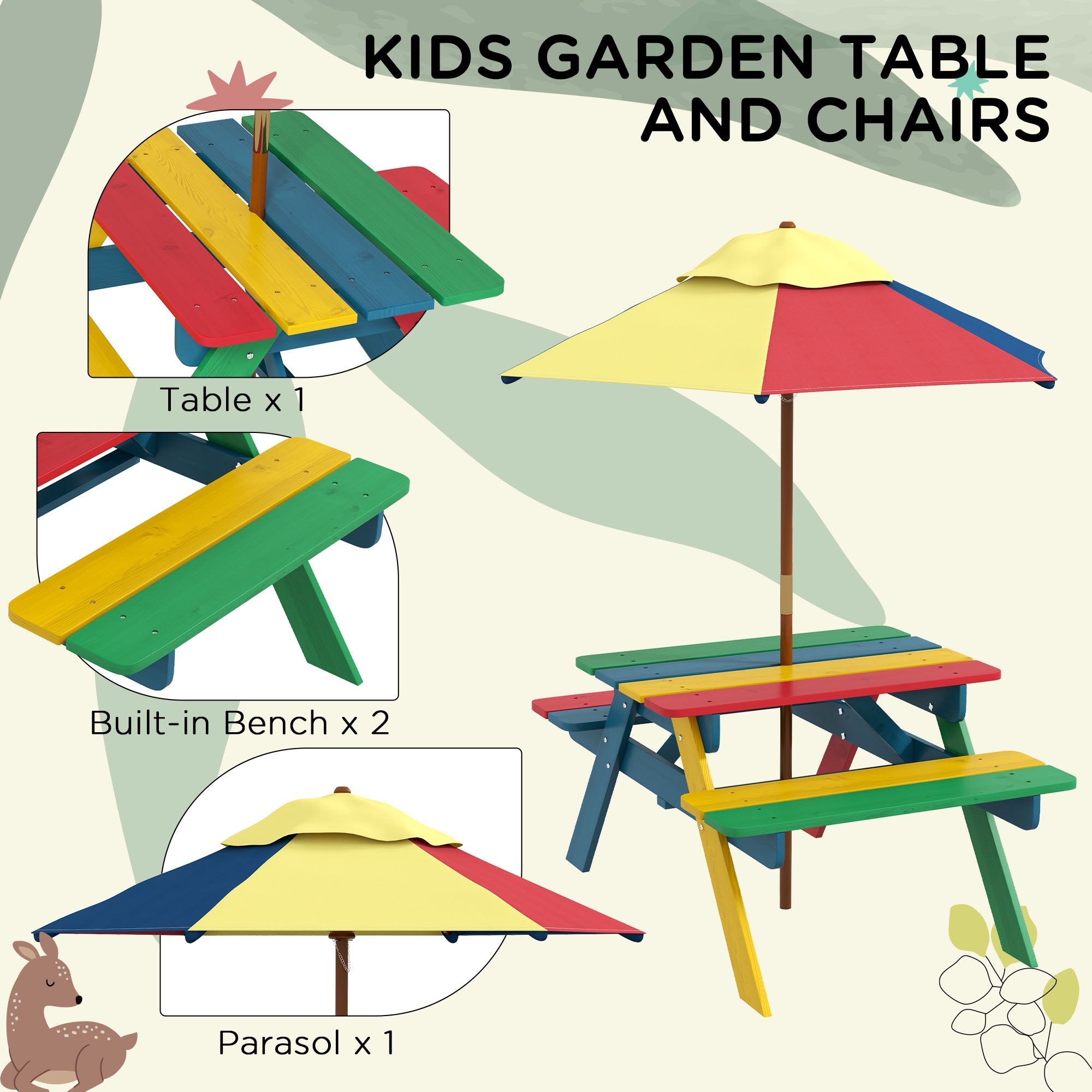 Outsunny Kids Wooden Picnic Table Bench Set with Removable Umbrella, Ideal for Backyard, Garden, Ages 3-6 