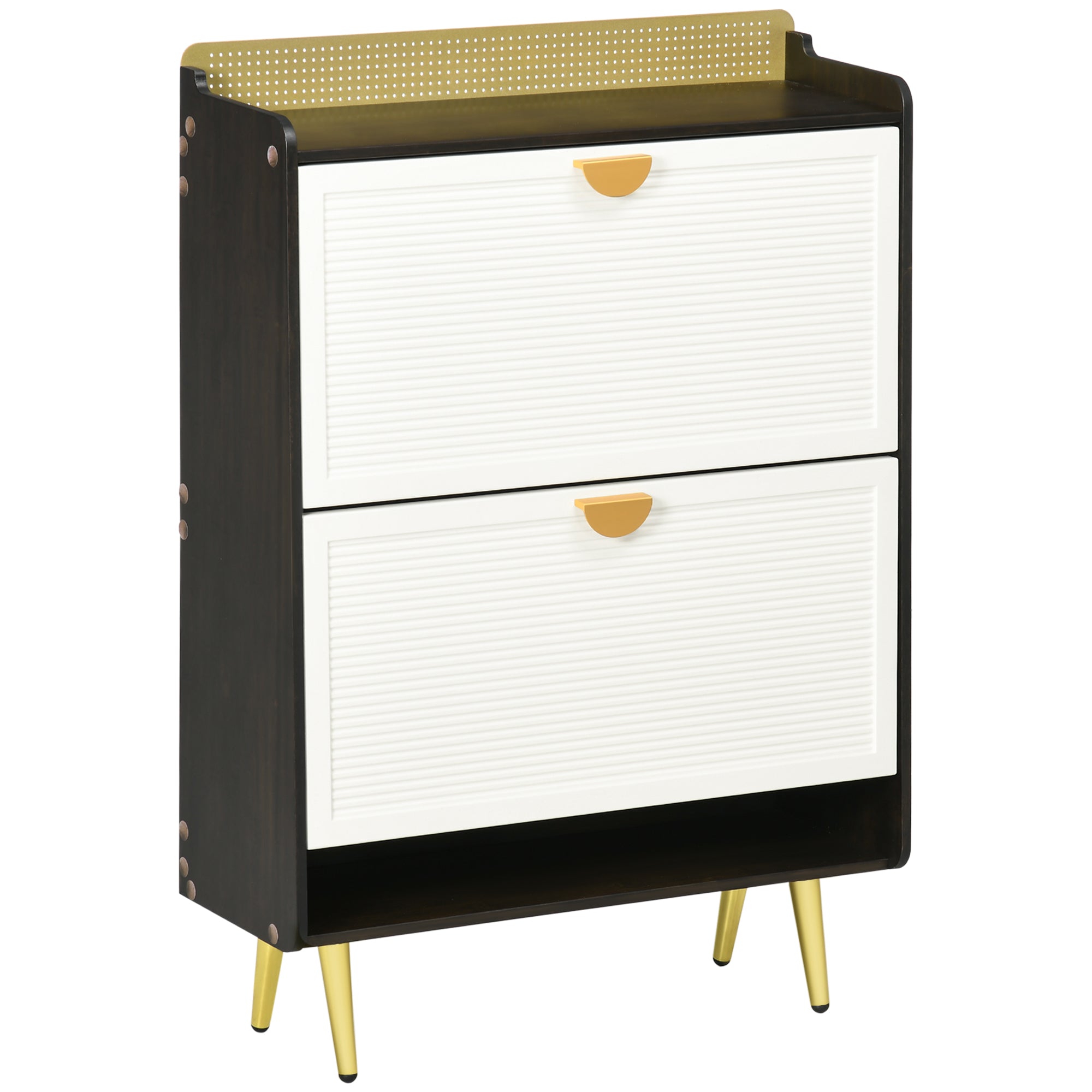 HOMCOM Modern Shoe Cabinet: 2 Flip Drawers, Open Shelf for 12 Pairs Storage Solution in White Finish 