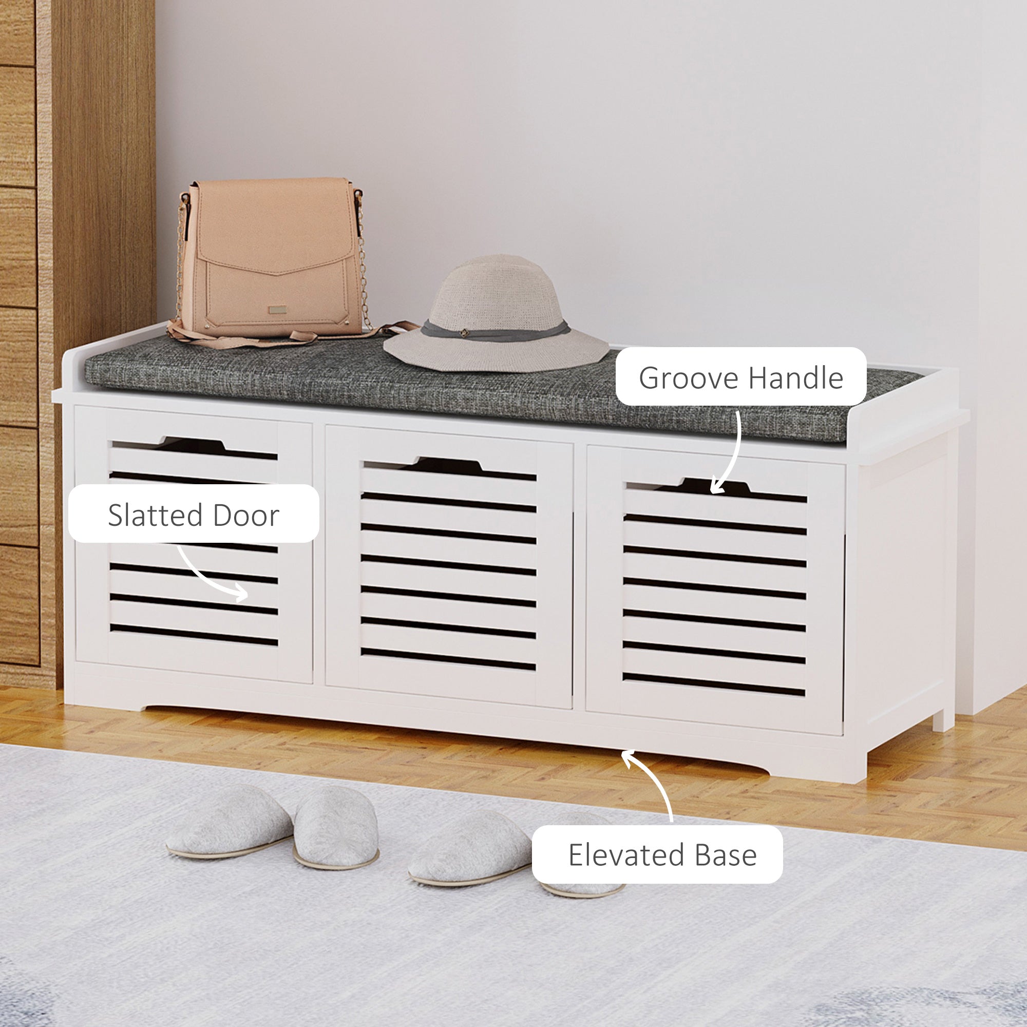 HOMCOM Upholstered Shoe Haven: Storage Bench with Padded Cushion, 3 Drawers, Ample Space for Living Room 
