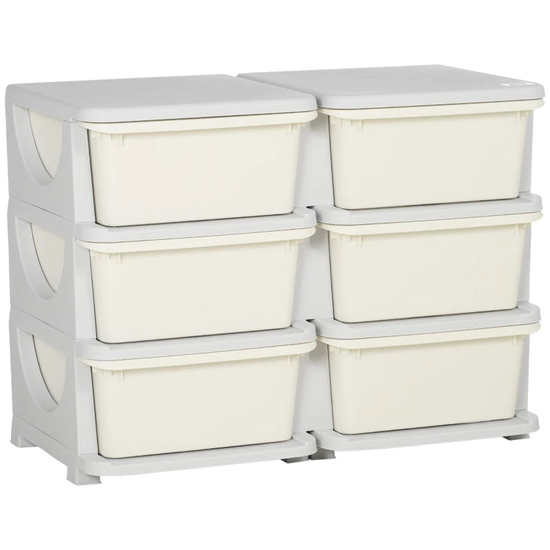 Qaba 3 Tier Kids Toy Organizer and Storage Bins with 6 Plastic Drawers, Cream White