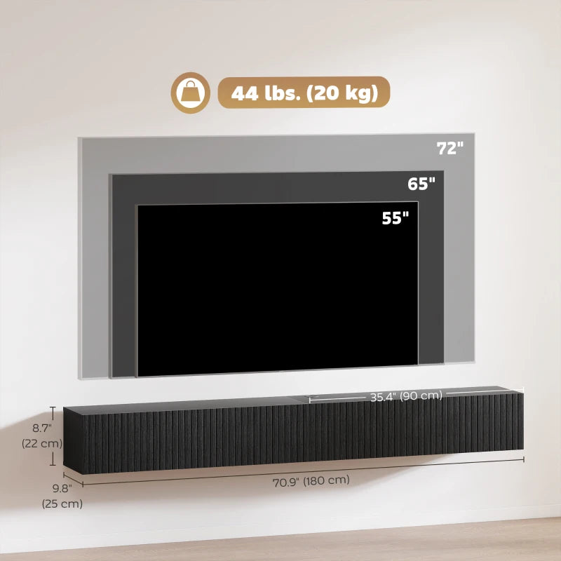 71" Floating TV Stand for TVs up to 72 Inch, Wall Mount Media Console with 2 Fluted Flip-Down Doors, Cable Hole, Black
