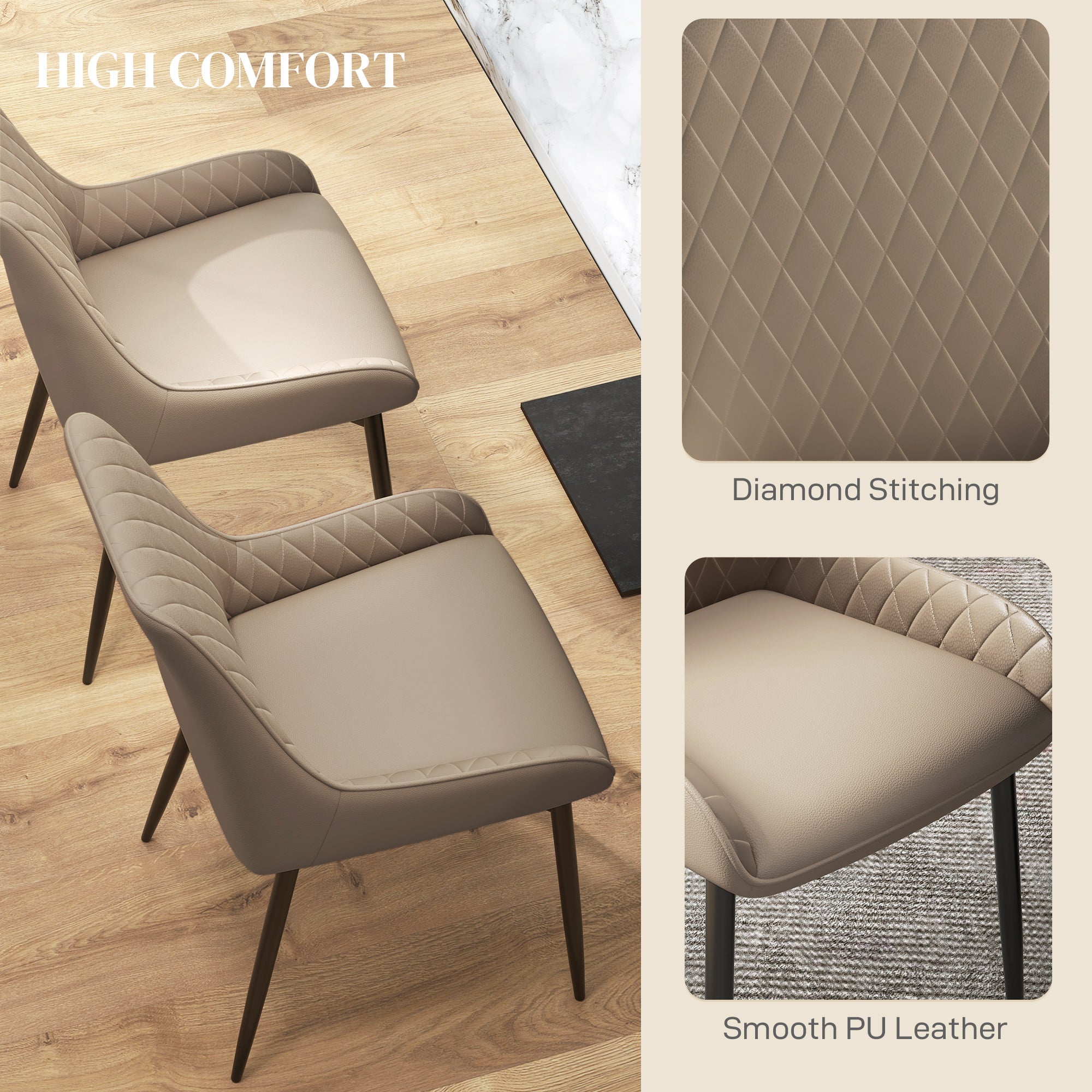 HOMCOM Modern PU Leather Dining Chairs Set of 2 Metal Legs for Dining Room Living Room Khaki 