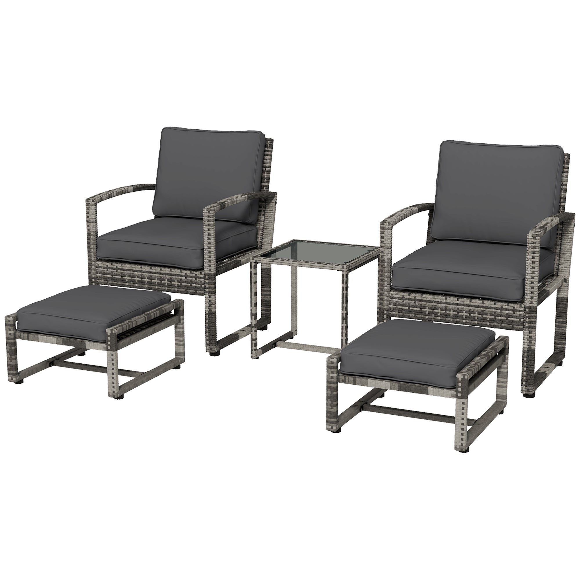 Outsunny 5Pc Patio Set with Armchair Stool Table Cushions Wicker Conversation Sofa Outdoor Garden Furniture 