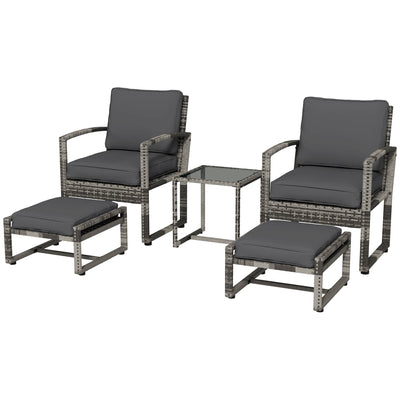Outsunny 5Pc Patio Set with Armchair Stool Table Cushions Wicker Conversation Sofa Outdoor Garden Furniture 