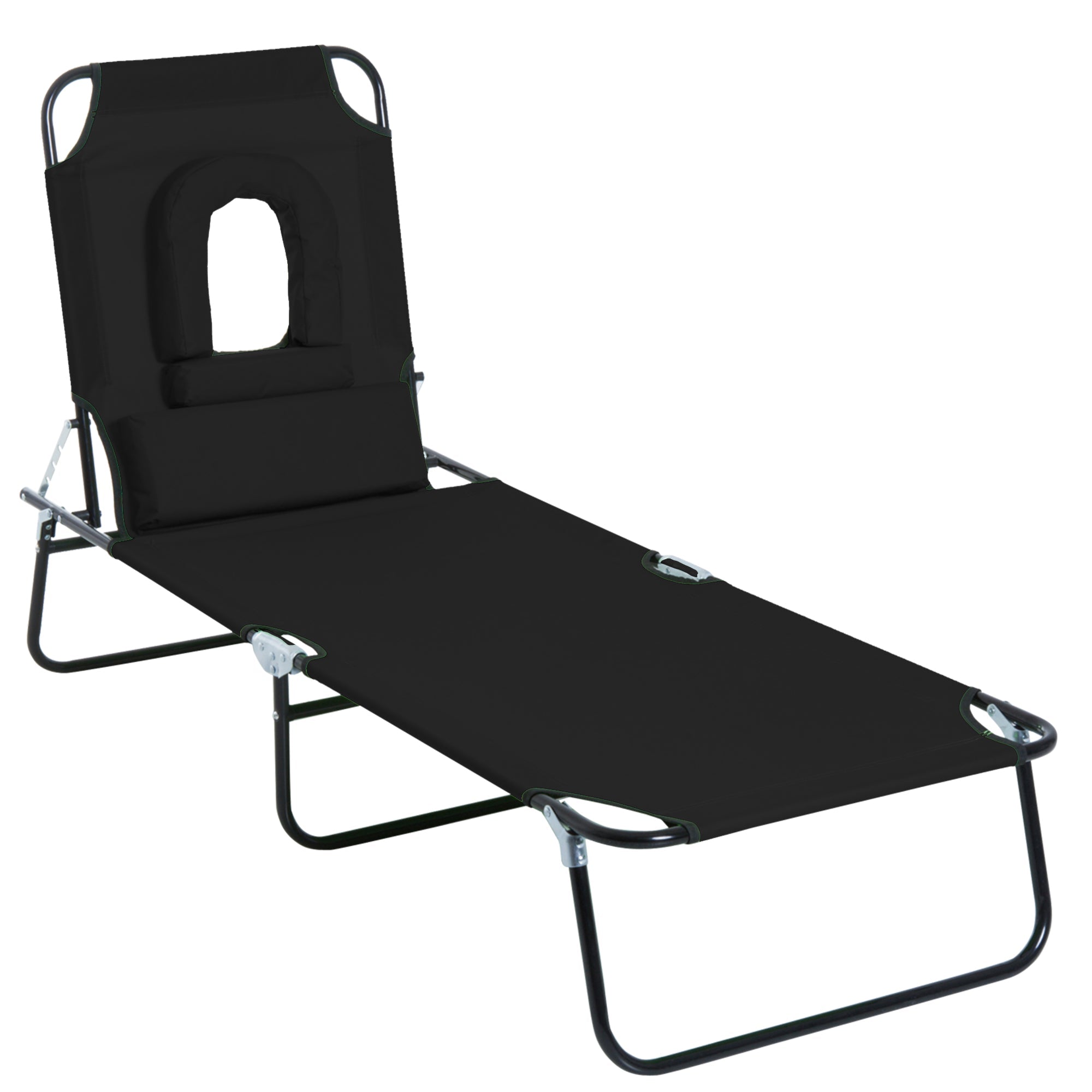 Outsunny Adjustable Garden Sun Lounger w/ Reading Hole Outdoor Reclining Seat Folding Camping Beach Lounging Bed Black 