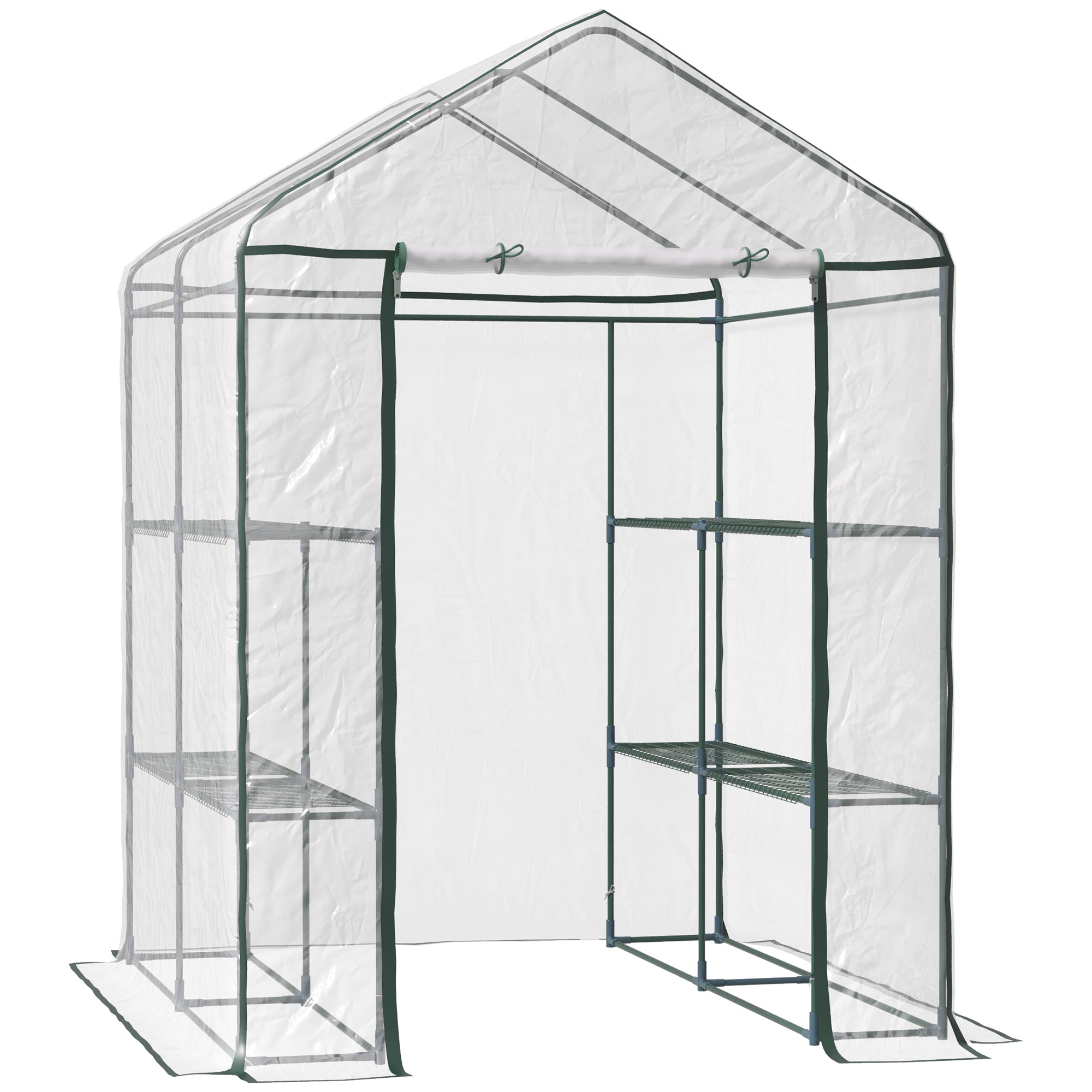 Outsunny 4.7'x4.7'x6.4' Walk-in Greenhouse Kit for Plants Portable Garden Green House Grow Tent Shelving Transparent PVC Cover 