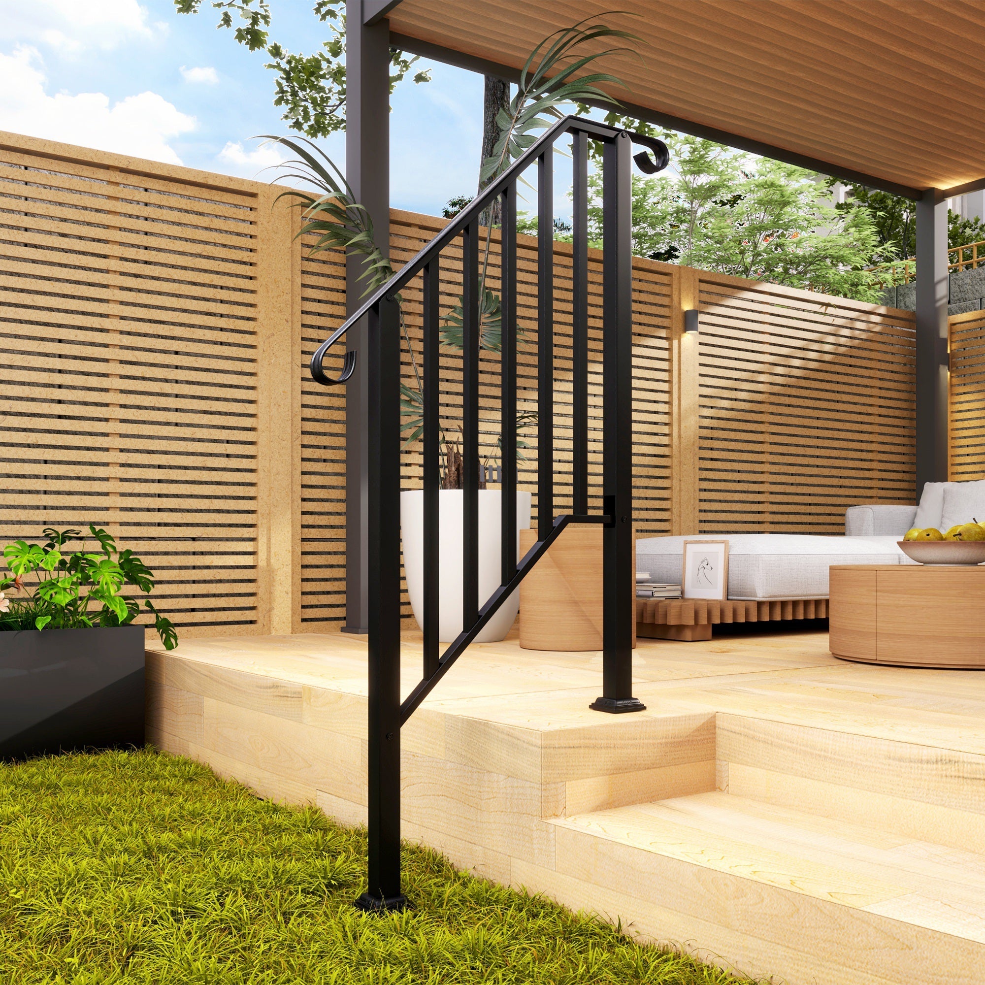 Outsunny 2-3 Step Handrails for Outdoor Steps, Metal Outdoor Stair Railing, Porch Deck Railing with Installation Kit, Black 