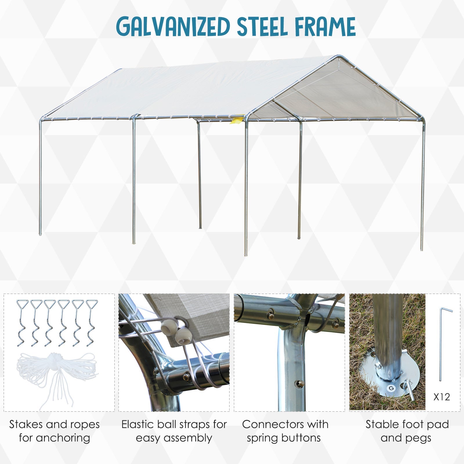 Outsunny Carport 10'x20' Heavy Duty Galvanized Steel Canopy Anchor Kit White 
