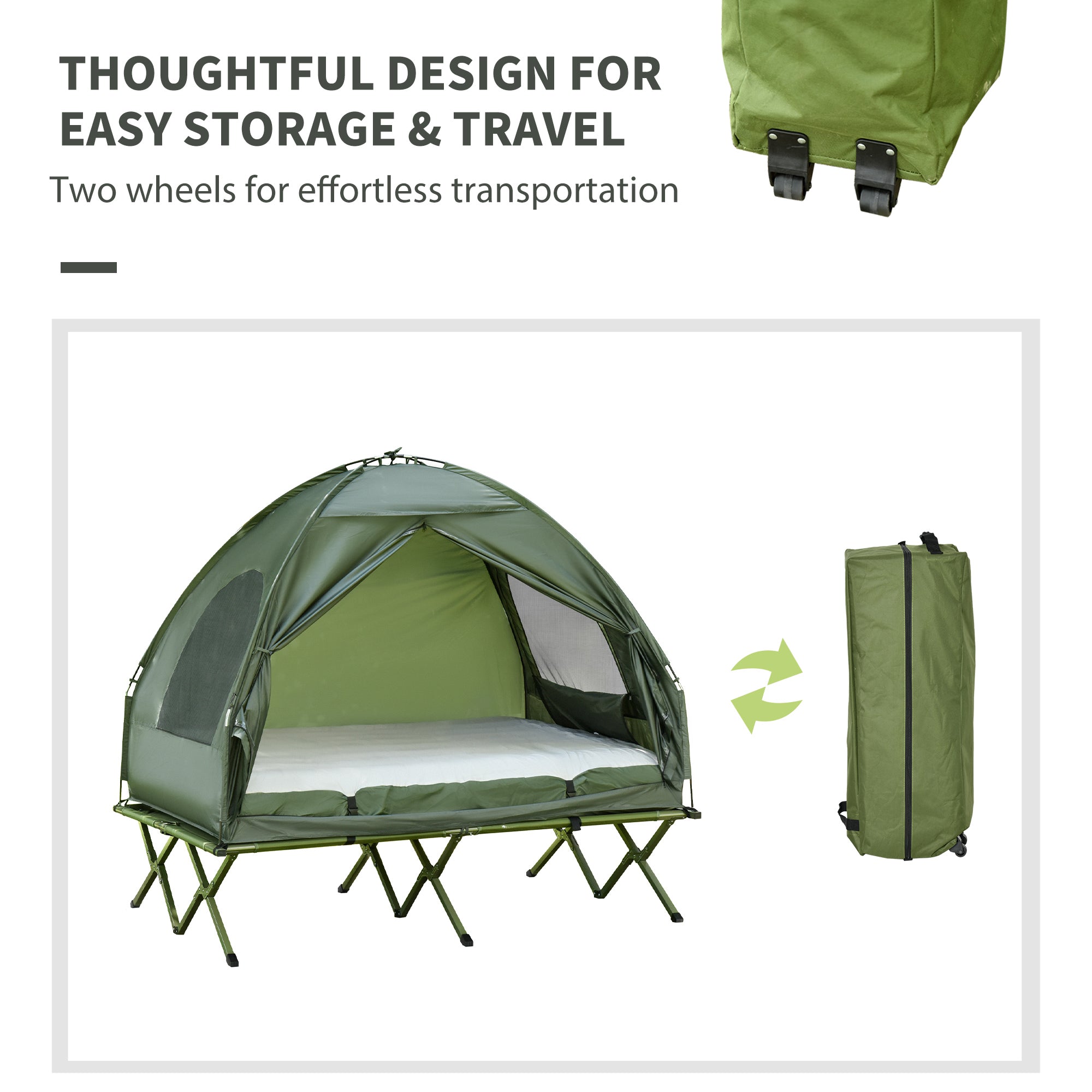 Outsunny Camping Combo Set All in 1 Portable Folding Tent Cot Air Mattress Carry Bag Pump Sleeping Shelter Dark Green 