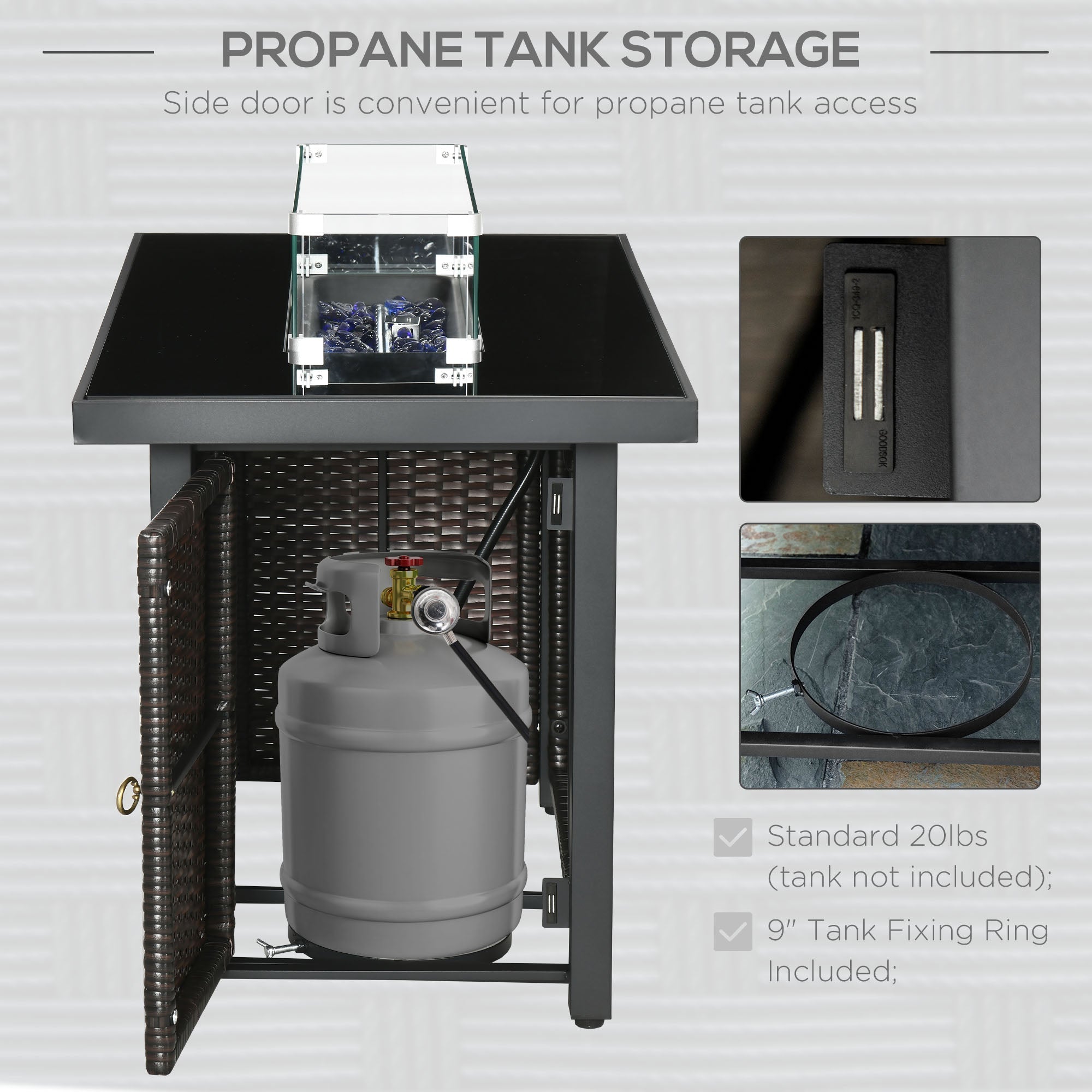 Outsunny Propane Fire Pit Table 43 Inch 50000 BTU Pulse-Ignition Wicker with Glass Wind Guard Blue 