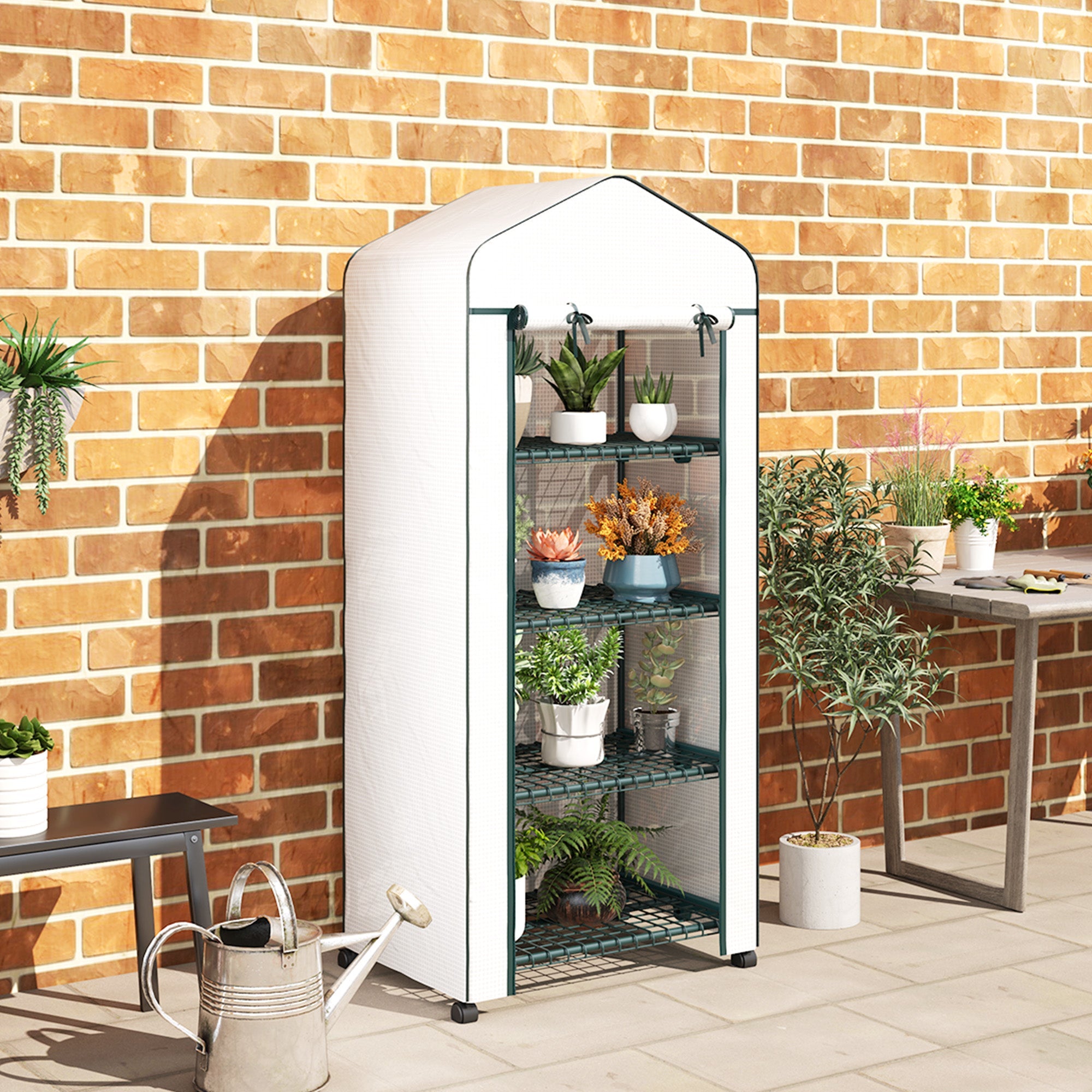Outsunny Portable Greenhouse, Outdoor Hot House Plant Flower Greenhouse with 4 Tier Shelves, PE Cover, White 
