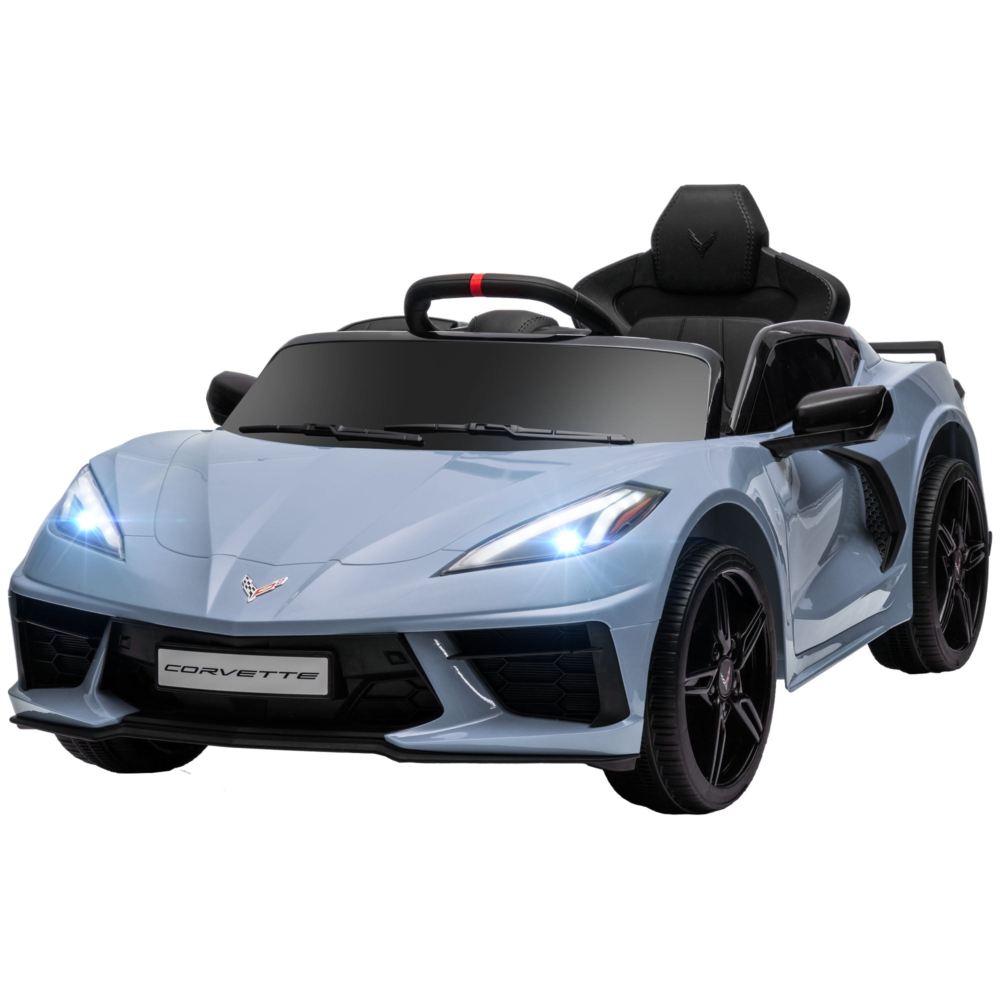 Qaba 12V Kids Electric Car Corvette Licensed Remote Control Suspension Music Headlight Slow Start Light Blue Ride On 