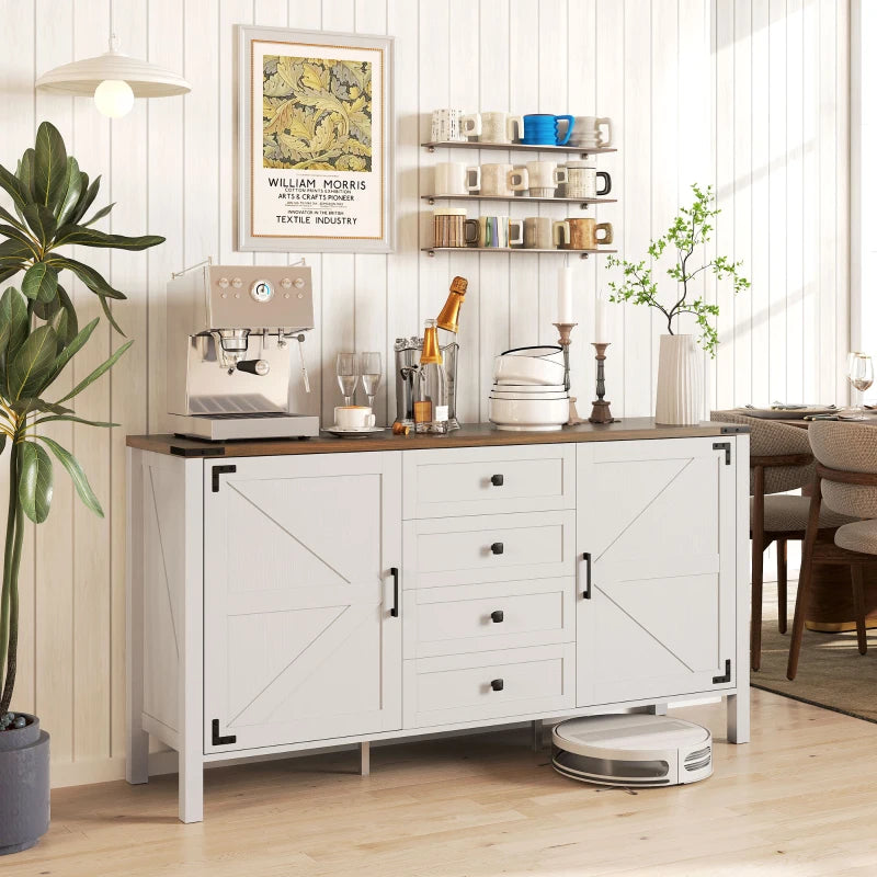 59" Buffet Cabinet, Farmhouse Sideboard with Thick Top, 2 Barn Doors, 4 Drawers and 2 Adjustable Shelves, White