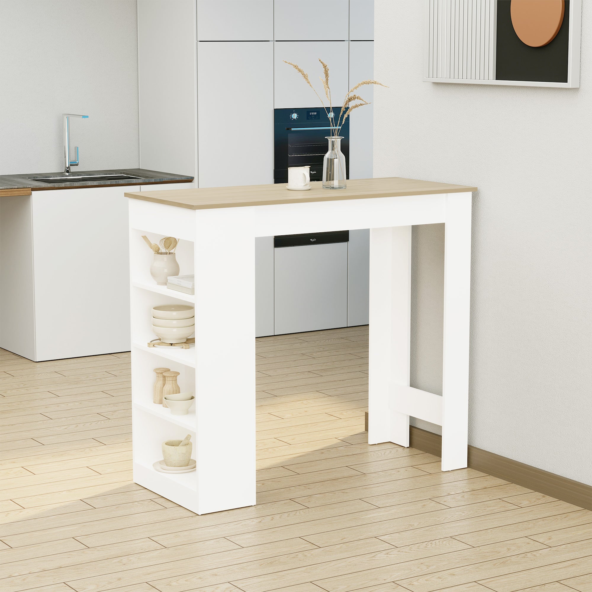 HOMCOM Bar Table, High Top Pub Table with 4 Storage Shelves, Modern Bar Height Table for Home Bar, Kitchen, Natural 