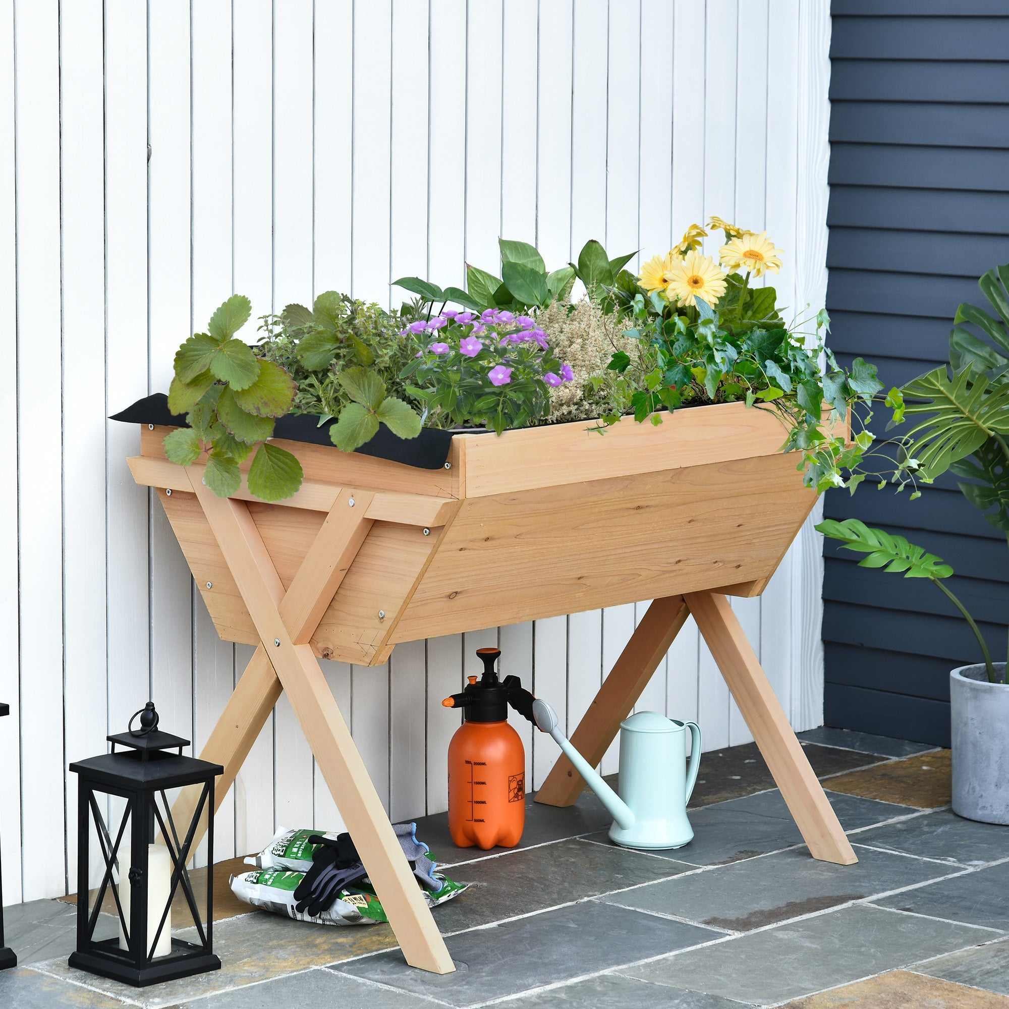 Outsunny Wooden Cross Raised Garden Bed with Inner Bag Flower Vegetable Planter Outdoor 
