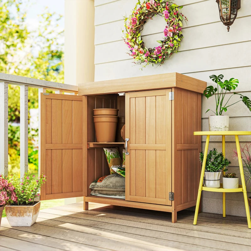 Wooden Garden Tool Storage Shed Kit with Hinged Roof, 2-Tier Shelves and Double Doors, 74x43x88cm, Natural Wood
