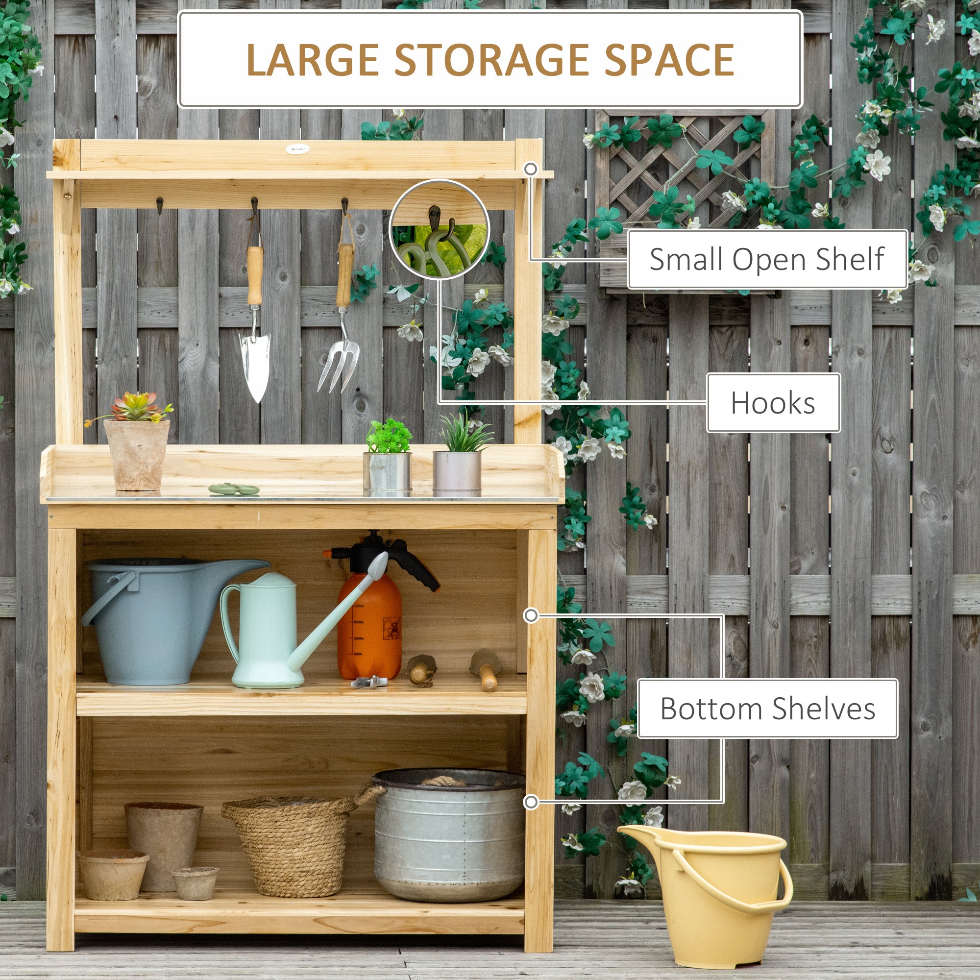 Outsunny Garden Potting Bench Table, Wooden Workstation Bench w/ Galvanized Metal Tabletop, Storage Shelves and Hooks 