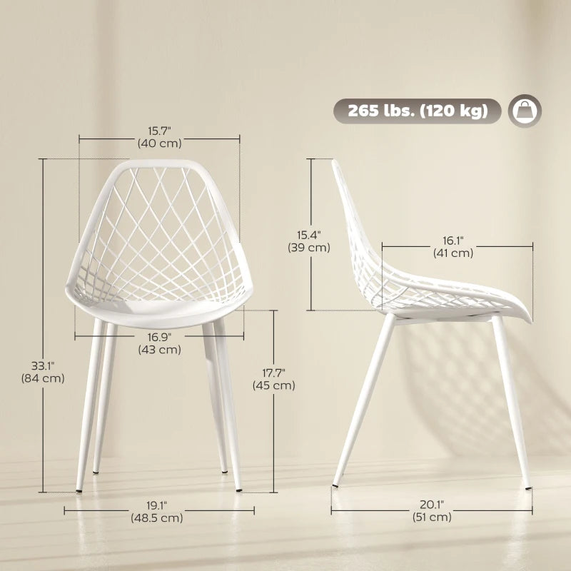 Modern Dining Chairs Set of 4, Plastic Kitchen Chairs with Hollow Backrest and Metal Legs for Living Dining Room, White