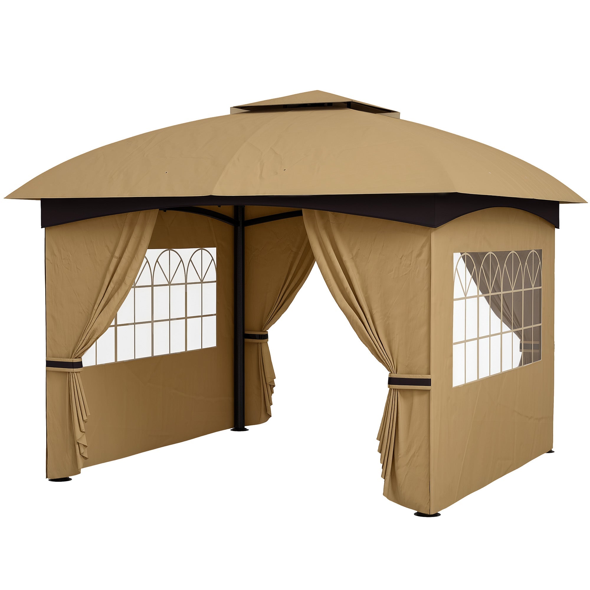 Outsunny 11' x 11' Outdoor Gazebo, Double Roof Patio Gazebo Canopy with Curtains, Church Windows, Galvanised Steel Frame, Beige 