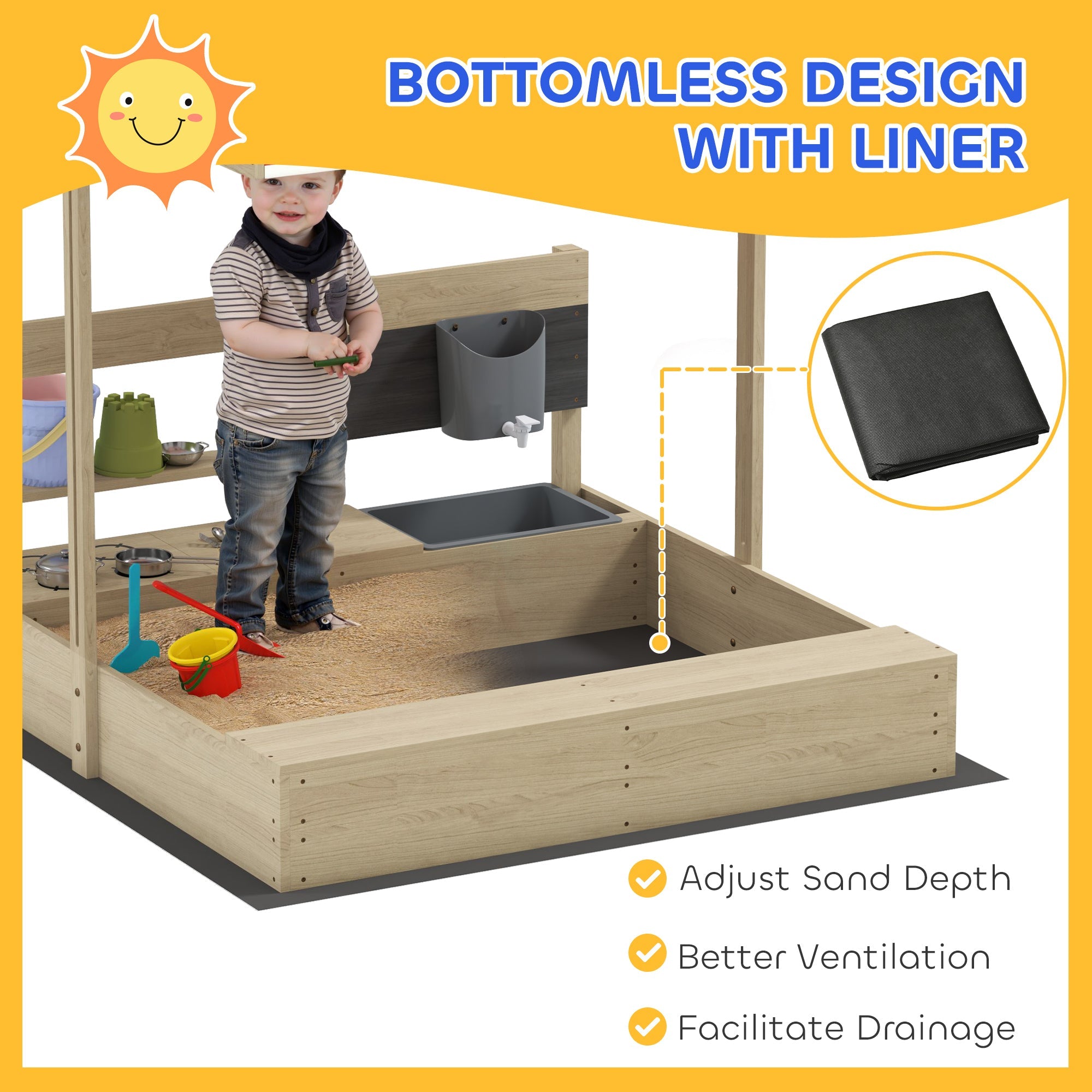 Outsunny Kids Sandbox with Cover Kitchen Playset Toys, Wooden Sand Box with Seat, Storage, for 3-7 Years Old, Natural Wood 