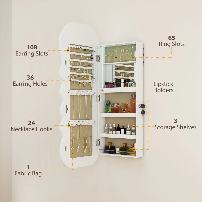 Jewelry Armoire Cabinet with Lights, Wall Mounted or Door Hanging Mirror Jewelry Cabinet with Full Length Mirror, White