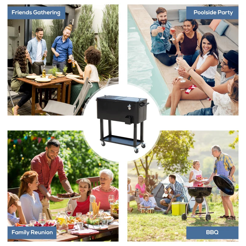 80 Quart Rolling Cooler Cart Portable Patio Ice Beer Beverage Cooling Bin for Outdoor Party w/ Bottle Opener & Storage Shelf Black
