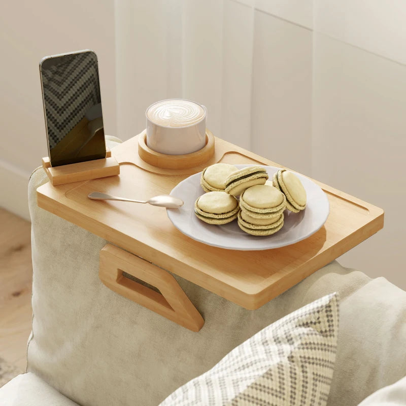 Couch Arm Tray, Clip-On Side Table with 360° Rotating Phone Holder and Removable Cup Holder, Natural