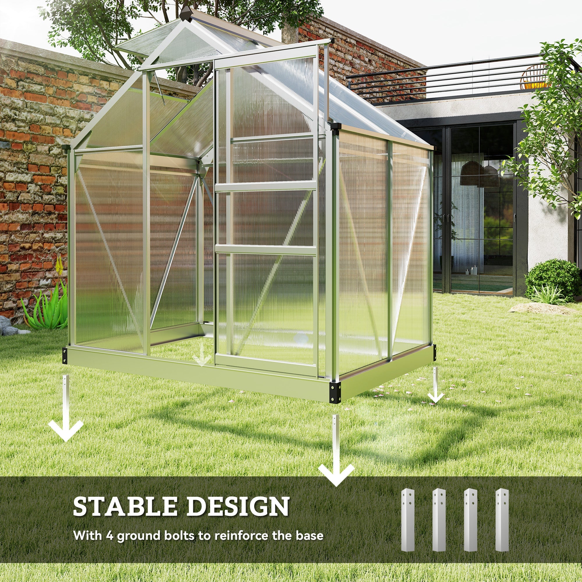 Outsunny 6' x 4' x 6.6' Polycarbonate Greenhouse, Walk-In Green House Kit Garden, Plants Grow, Galvanized Sheet Aluminum Frame with Rain Gutter, Vent and Sliding Door, Silver 