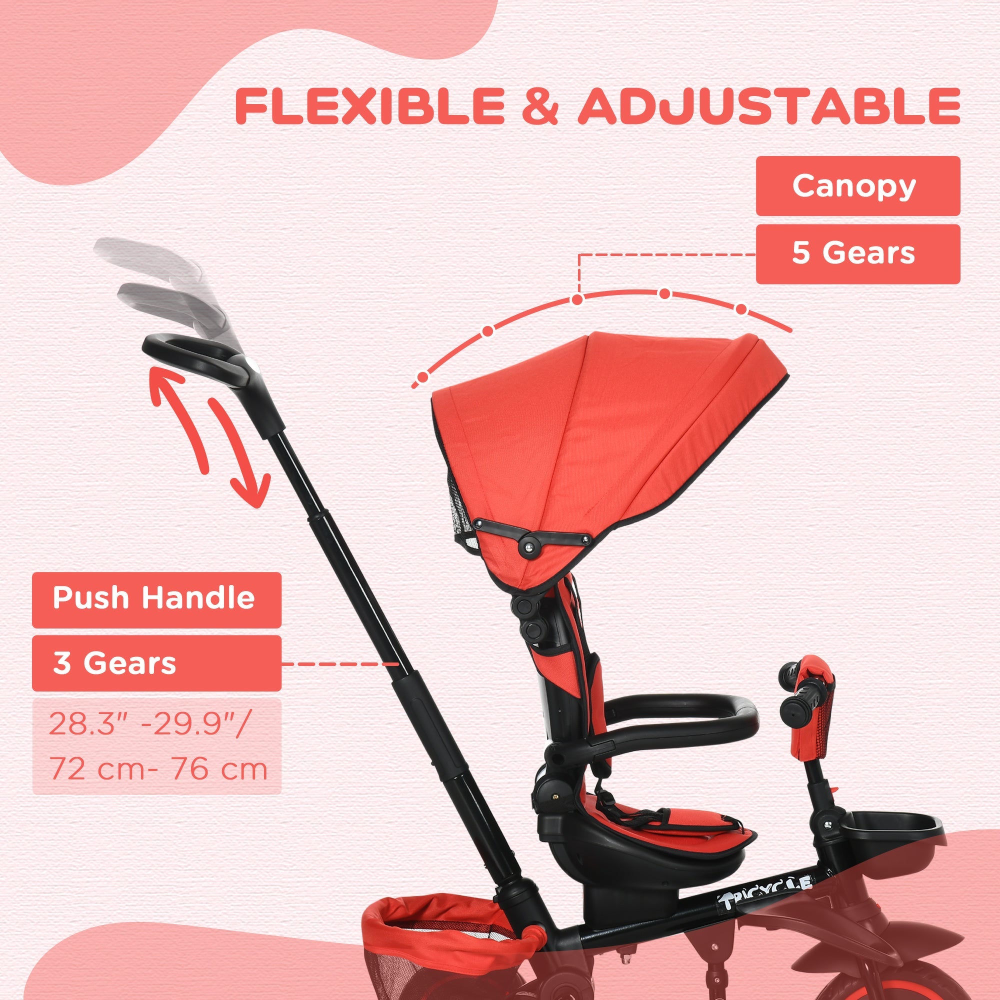 Aosom 6-in-1 Toddler Tricycle, Kids Trike with Rotatable Seat, Adjustable Push Handle, Safety Harness, Detachable Canopy, Red 