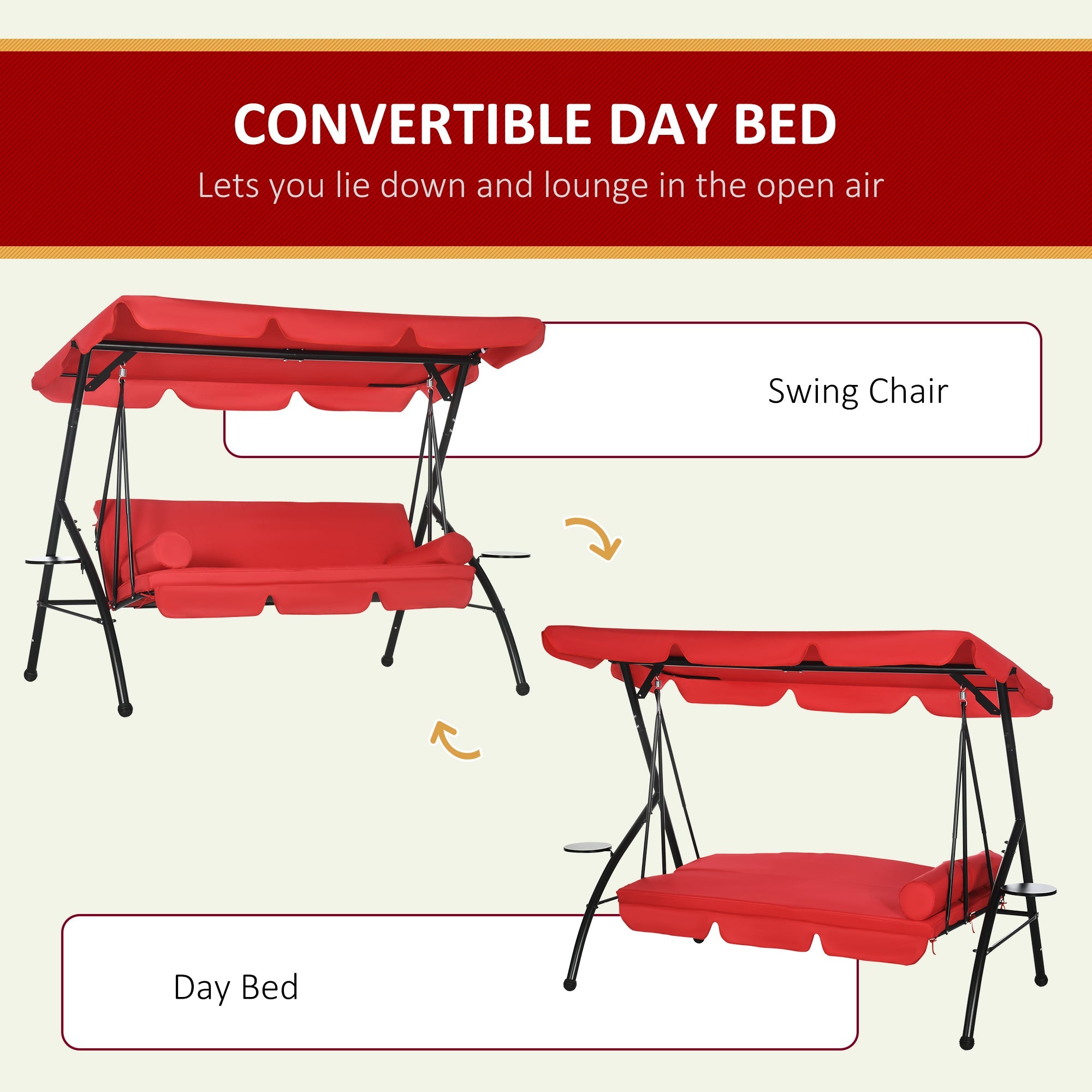 Outsunny 3-Seat Outdoor Patio Swing Chair: Converting Flat Bed, Canopy Glider with Adjustable Shade, Removable Cushion, Pillows 