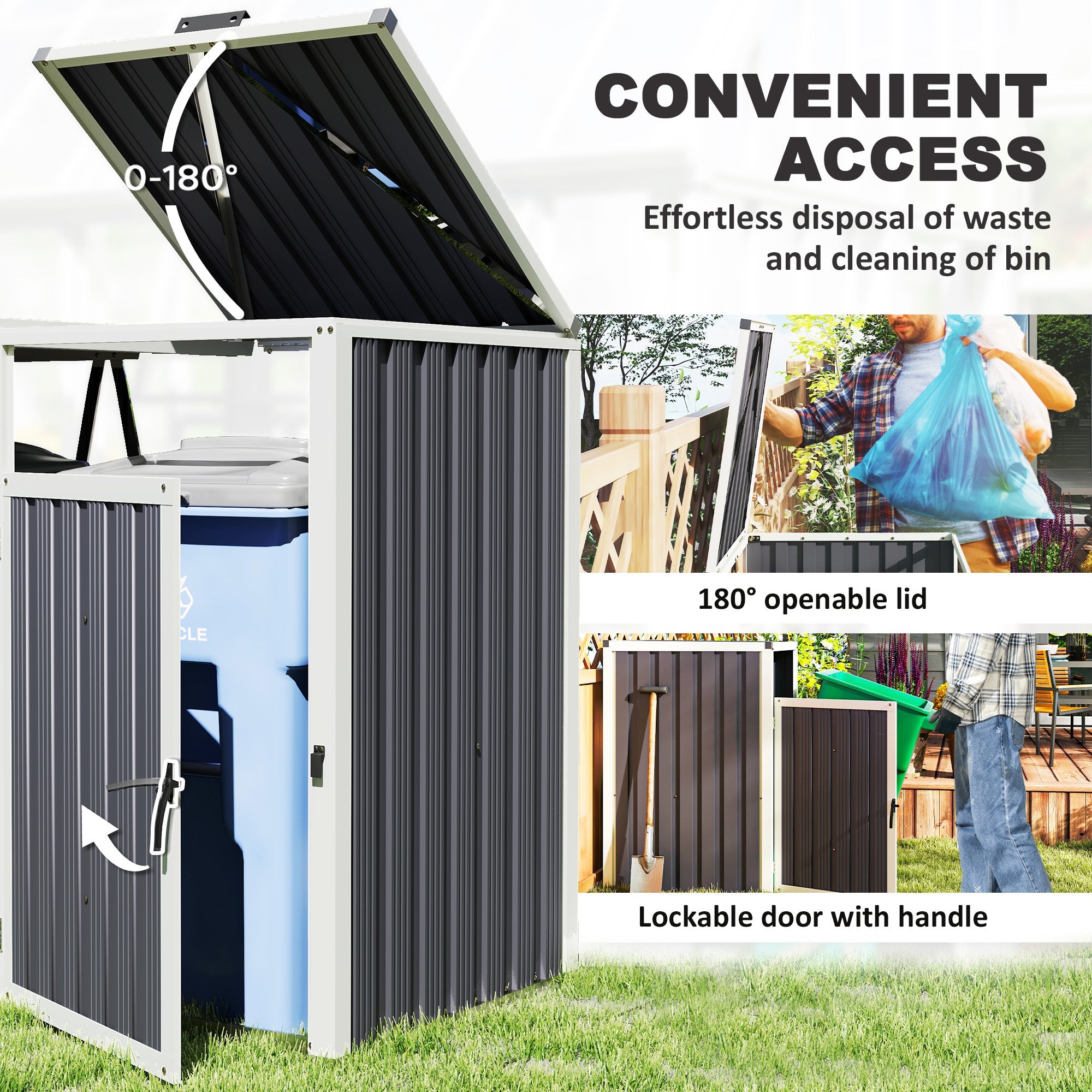 Outsunny Double Garbage Bin Shed, Lockable Outdoor Storage Shed with Openable Lid, Galvanized Frame for Garden Patio, Dark Grey 