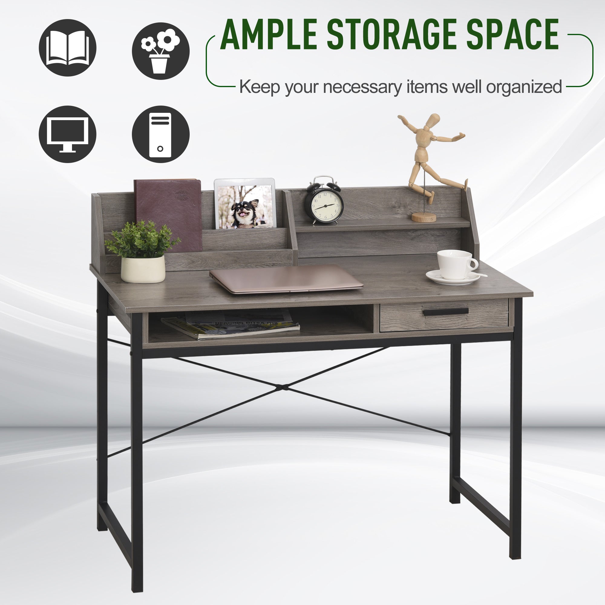 HOMCOM Grey Industrial Computer Desk with Drawer & Open Shelves - Stylish Writing Table with Hutch for Home Office 