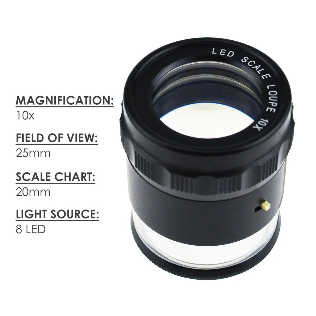 10x Magnification Scale Loupe with 8 LED Lights & 4 Interchangeable Glass Reticle Scales