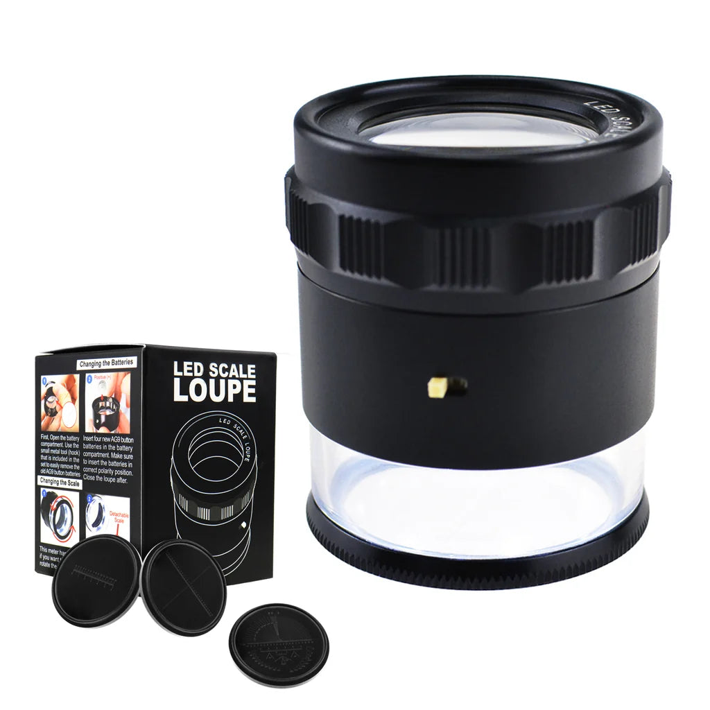10x Magnification Scale Loupe with 8 LED Lights & 4 Interchangeable Glass Reticle Scales
