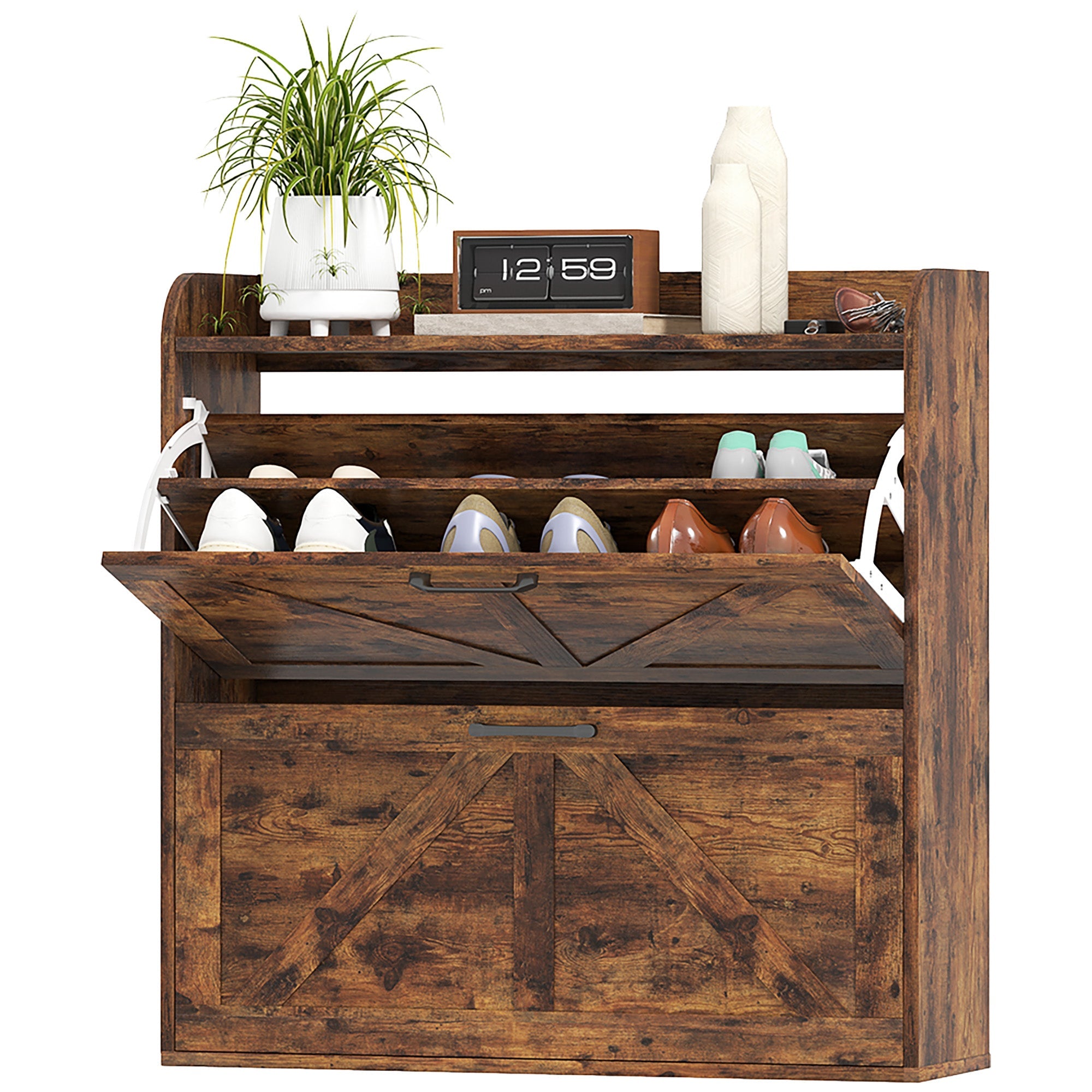 HOMCOM Narrow Shoe Storage Cabinet, Farmhouse Slim Shoe Cabinet with 2 Flip Drawers, Adjustable Shelves, Rustic Brown 