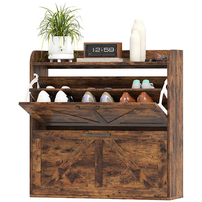 HOMCOM Narrow Shoe Storage Cabinet, Farmhouse Slim Shoe Cabinet with 2 Flip Drawers, Adjustable Shelves, Rustic Brown 