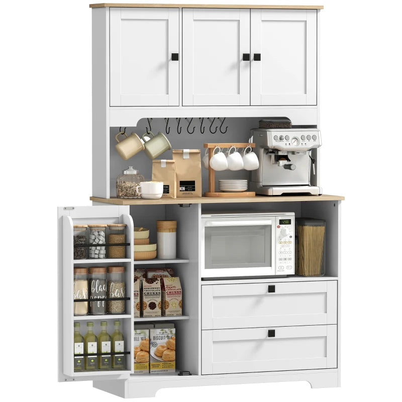 Kitchen Pantry Cabinet, 64" Tall Kitchen Hutch with 3 Cabinets, 2 Drawers, Adjustable Shelves, Microwave Stand, White