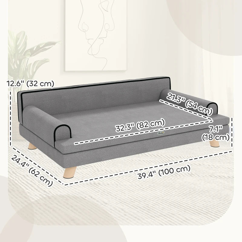 Elevated Dog Sofa Bed, Cat Couch with Cushion, Washable Cover, Wooden Legs, for Medium & Large Dogs, Light Grey