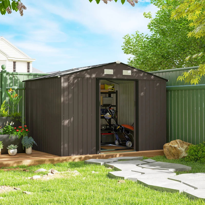 9.1'x6.4'x6.3' Garden Storage Shed w/ Foundation Kit Metal Tool Storage House w/ Double Doors Brown