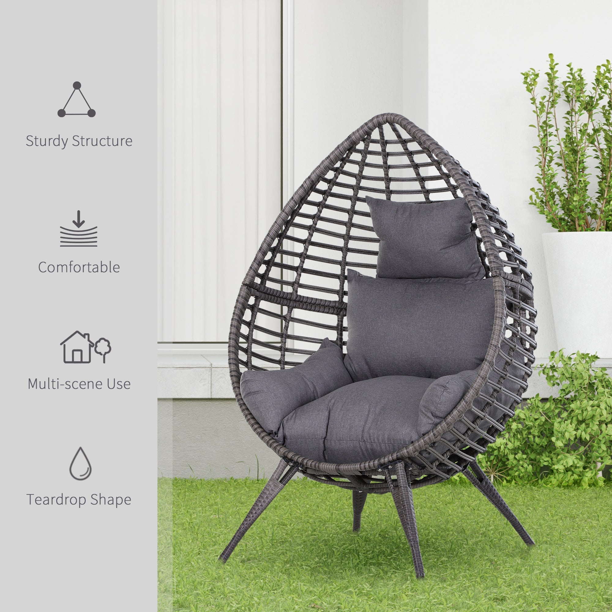 Outsunny Rattan Wicker Egg Chair Lounge Chair with Cushion Outdoor Indoor Adjustable Grey 352lbs Capacity 