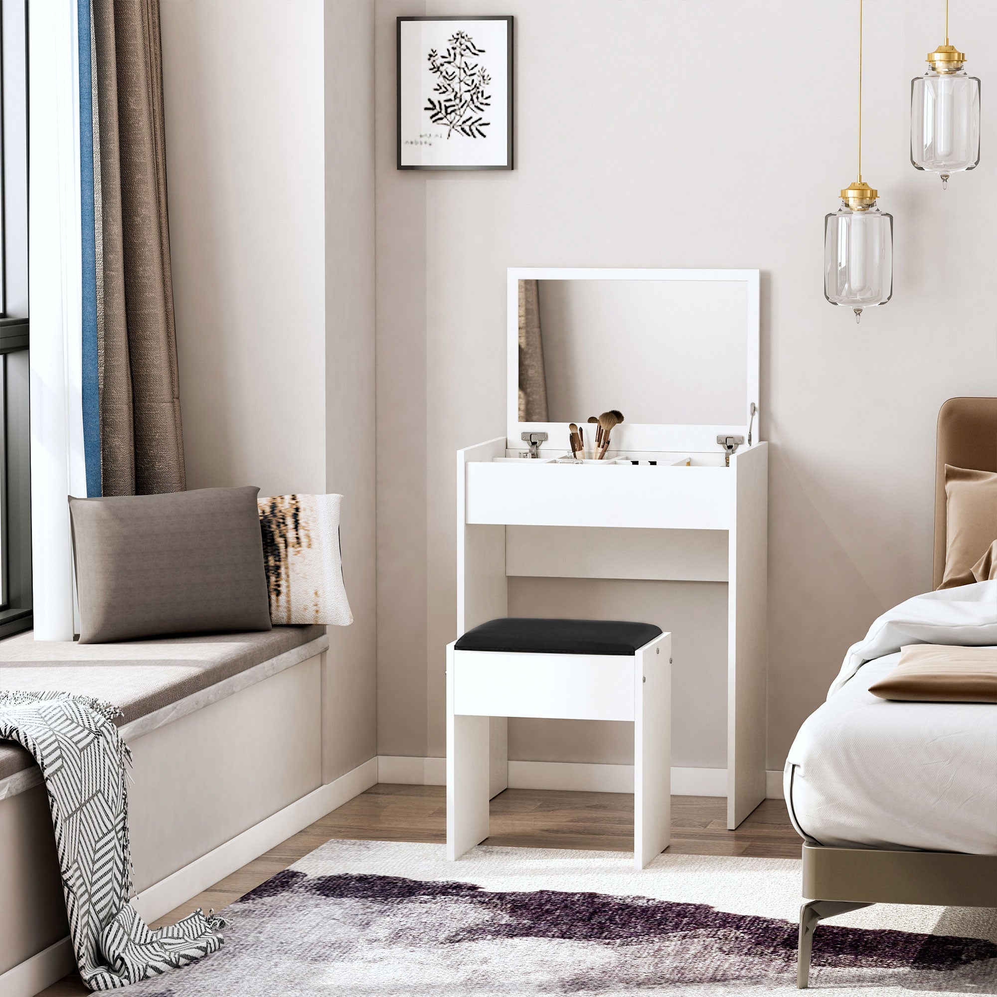 Homcom White Makeup Vanity Dressing Table With Mirror Vanity Set Stool Set Makeup Desk With Flip Top Bedroom Furniture White 