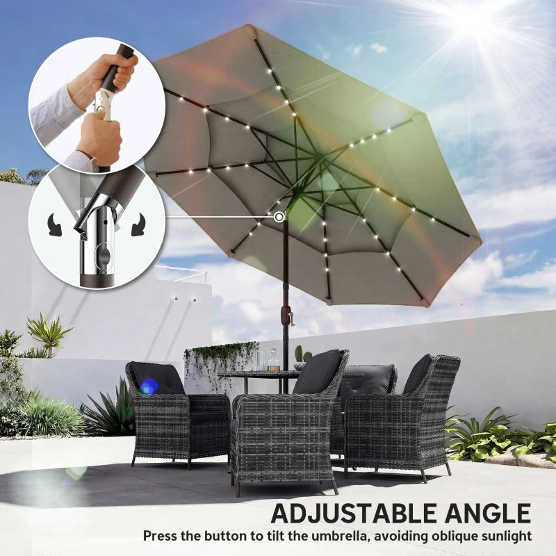 9.3 ft Patio Umbrella with Solar LED Lights, Cover, 3 Tier Outdoor Market Table Parasol with Tilt, Crank, Grey