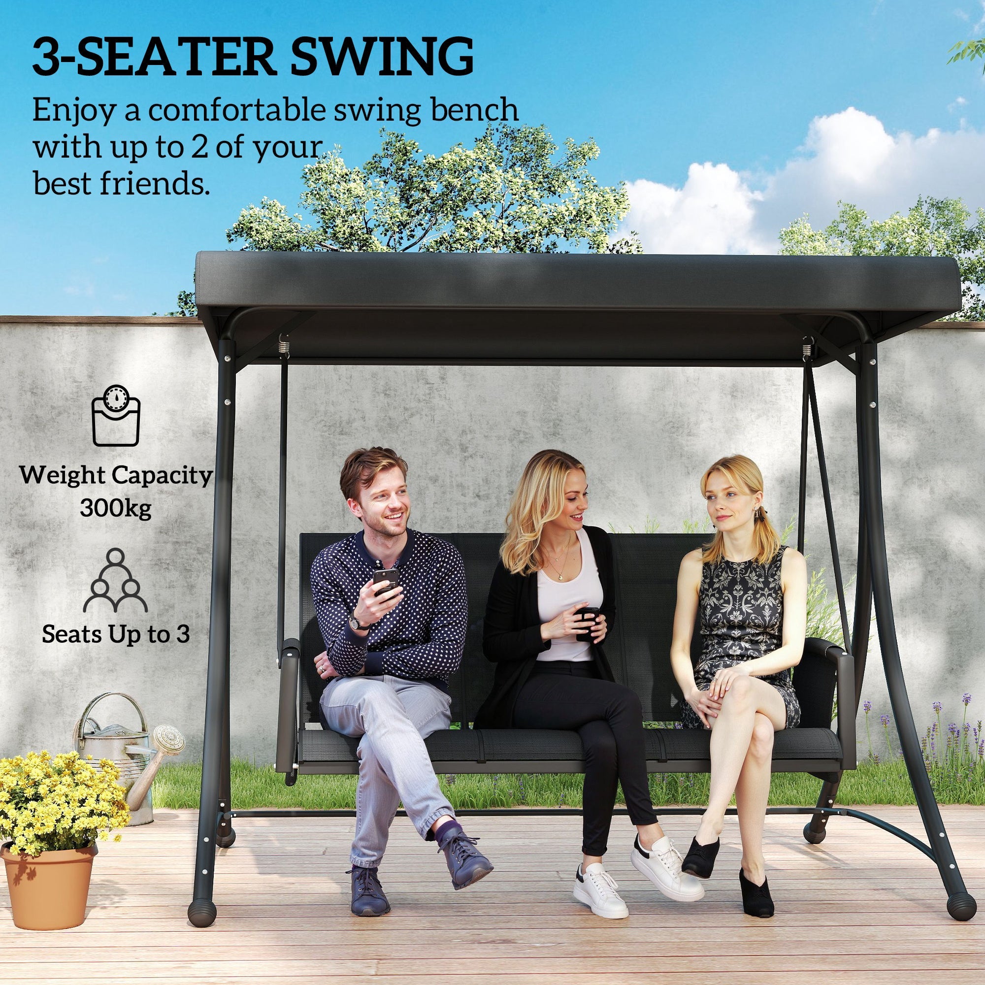 Outsunny 3 Person Outdoor Porch Swing Chair with Adjustable Canopy, Black 