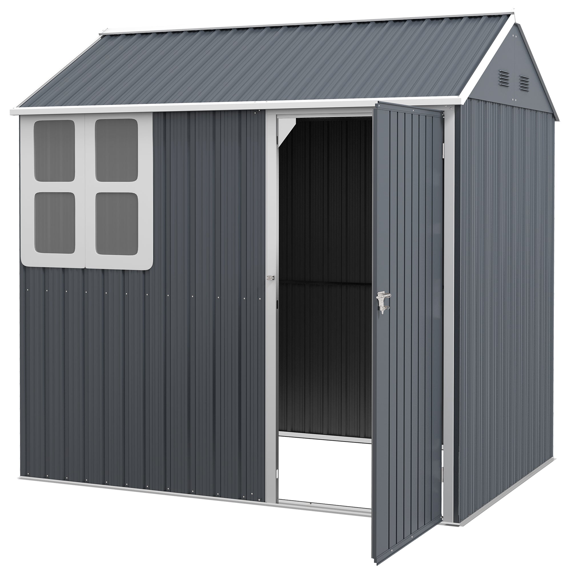 Outsunny Metal Garden Storage Shed 7' x 5.5' Outdoor Tool House Lockable Door Vents Sloped Roof Dark Grey 
